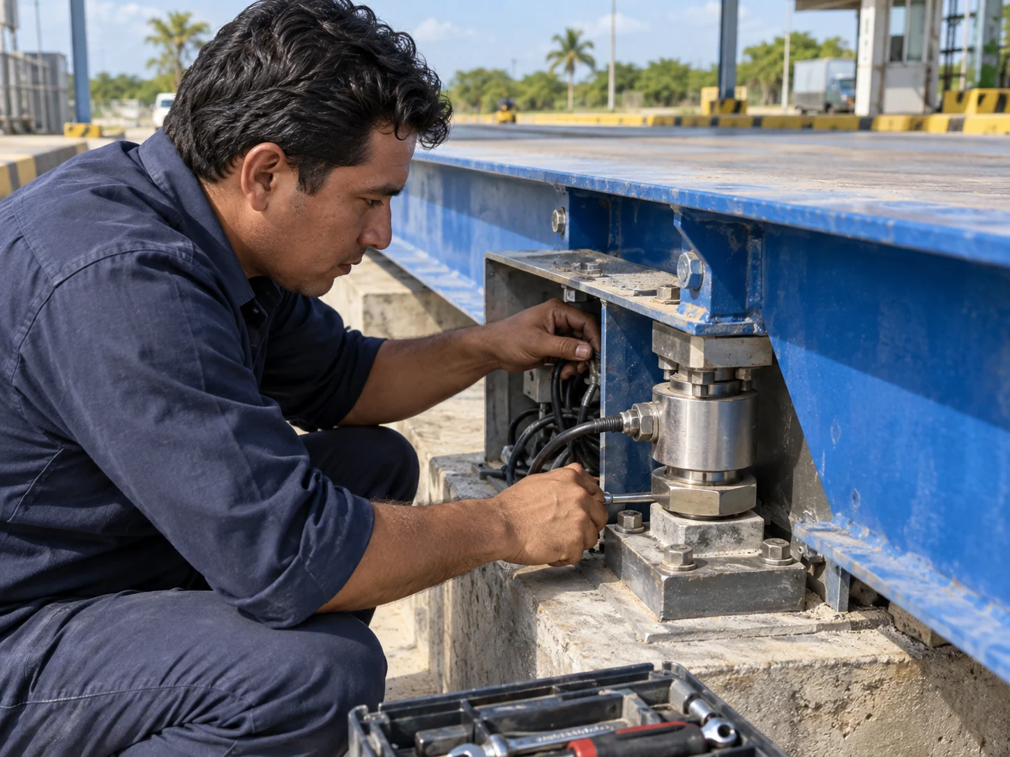 Técnico revisando el mecanismo de una báscula camionera