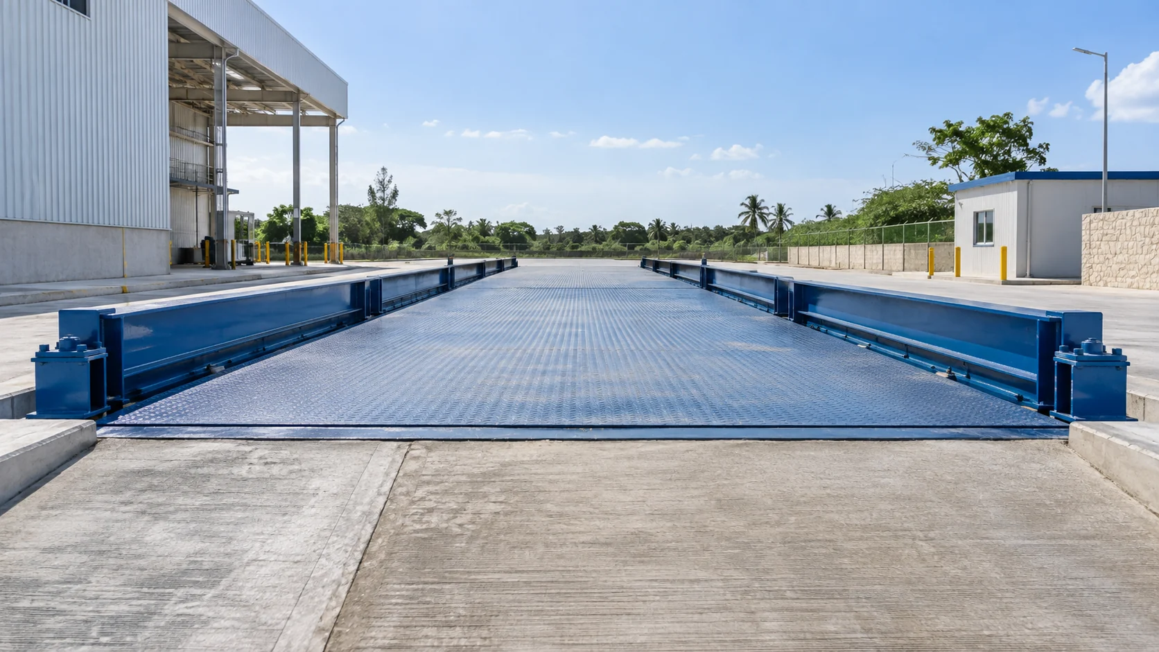 Plataforma de una báscula camionera de acero azul
